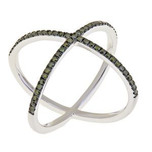 Rarities Sterling Silver "X" Crossover Natural Green Diamond Ring Size 6
